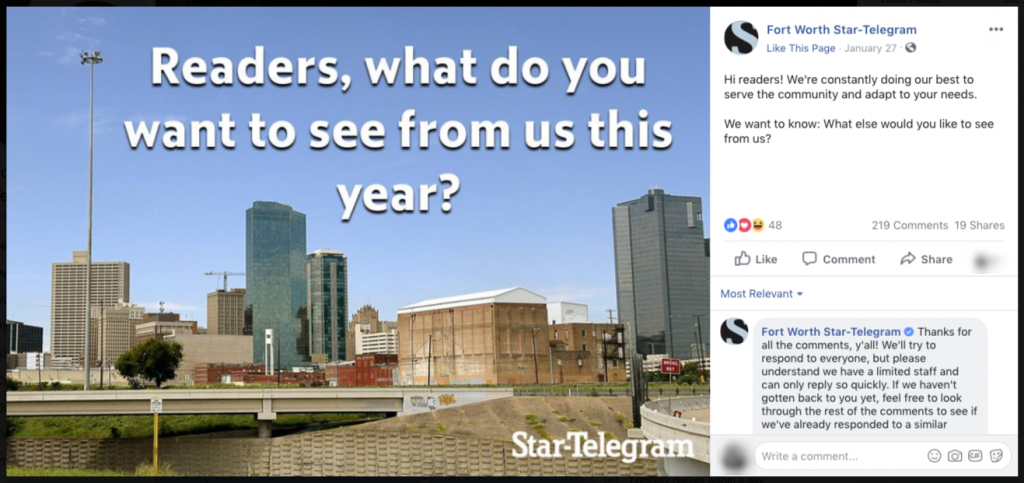 Screenshot from the Fort Worth Star-Telegram page on Facebook. The image says: Readers, what do you want to see from us this year?