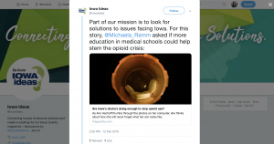 The Gazette used Twitter to remind users of its mission. While sharing a link to a story about opioid abuse, the news team explained why they covered the topic from a particular angle and reminded users part of their mission is to "look for solutions facing Iowa."