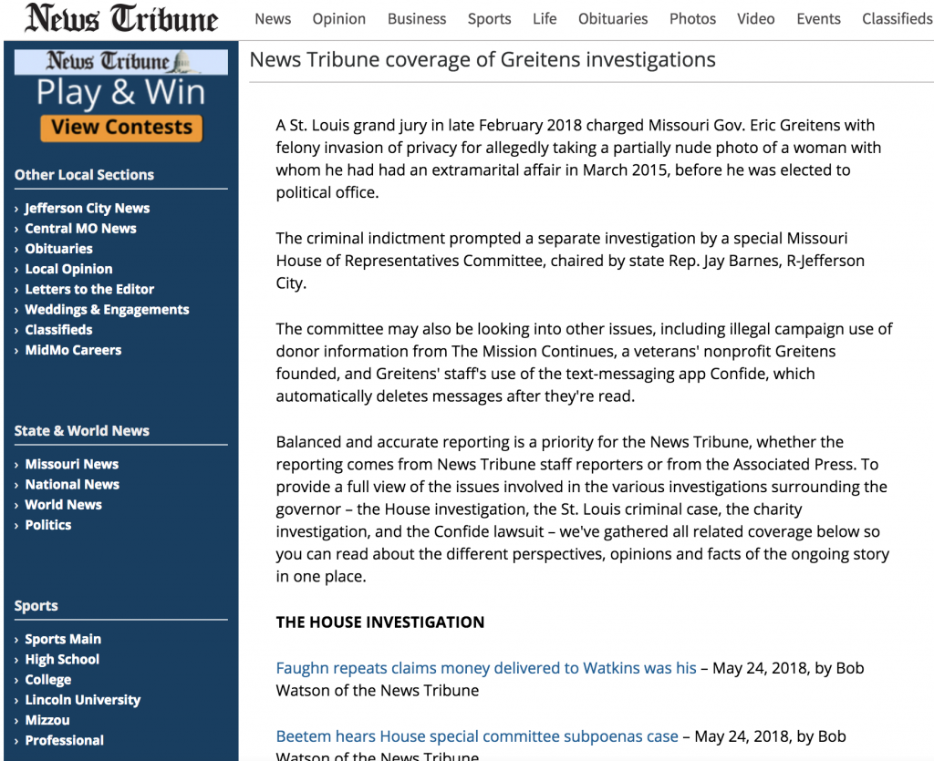The Jefferson City News Tribune created story pages for some of their bigger stories that provided a summary of the issue and then links to the previous stories written. In addition to a well-written summary of the issue, the news organization highlighted how "balanced and accurate reporting" was a priority for them and that creating a page like this, a one-stop shop with story links for big issues, is one way they are working to provide a full view of the issues.
