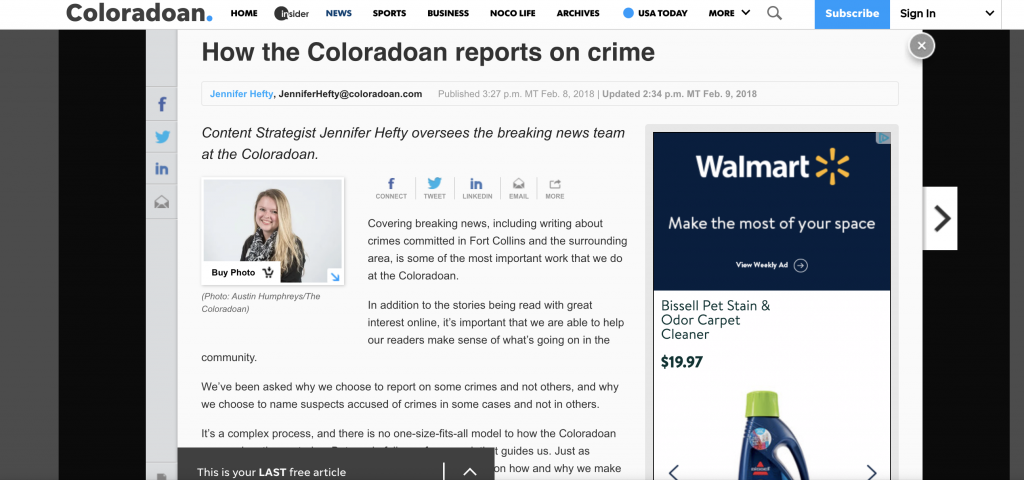 After sharing some information about how they cover crime on Facebook, the Coloradoan decided to write a web story going into more detail about what their crime coverage policy is. By creating a separate page they are able to link to this when future questions up and can easily update it if their policy changes.