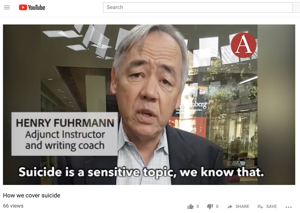 When a suicide occurred on campus, Annenberg Media staff were torn on whether or not they should report on the incident. As they debated their options and talked about the legal issues internally, they also decided to share their thought process and reporting process with their users. Several of the reporters and news managers/professors were interviewed about why they covered the suicide. In the video, posted to Instagram and YouTube, the journalists discussed their policy when it comes to covering suicides and also linked to mental health resources available for those in need.