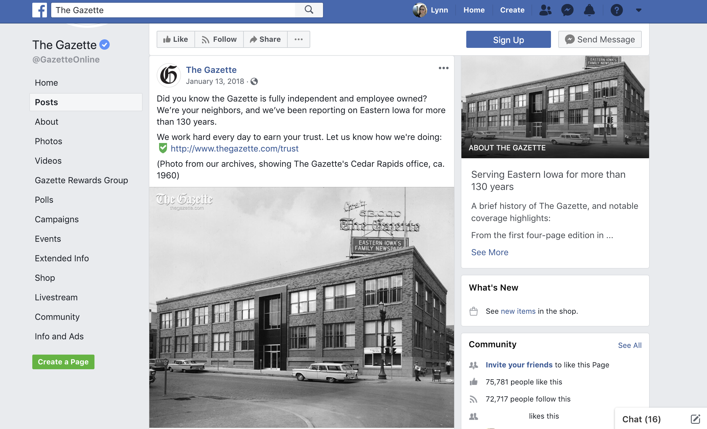 The Gazette used a historic photo of their newsroom to highlight their connection to the community. The news organization did something similar before, but saw a more positive response when using a photo from the past. The post also asked users for feedback by including a link to a Google Form.