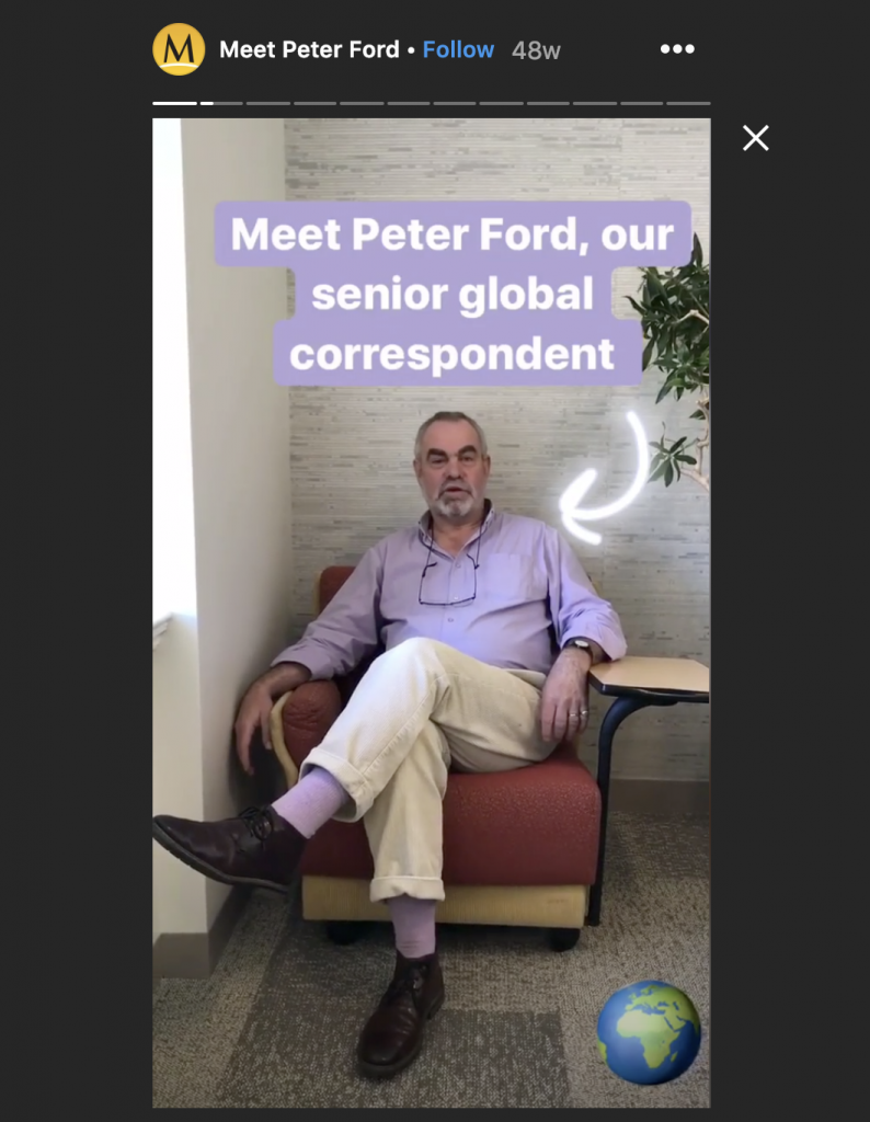 Screenshot of the Christian Science Monitor Instagram Story where they interview their global affairs correspondent.