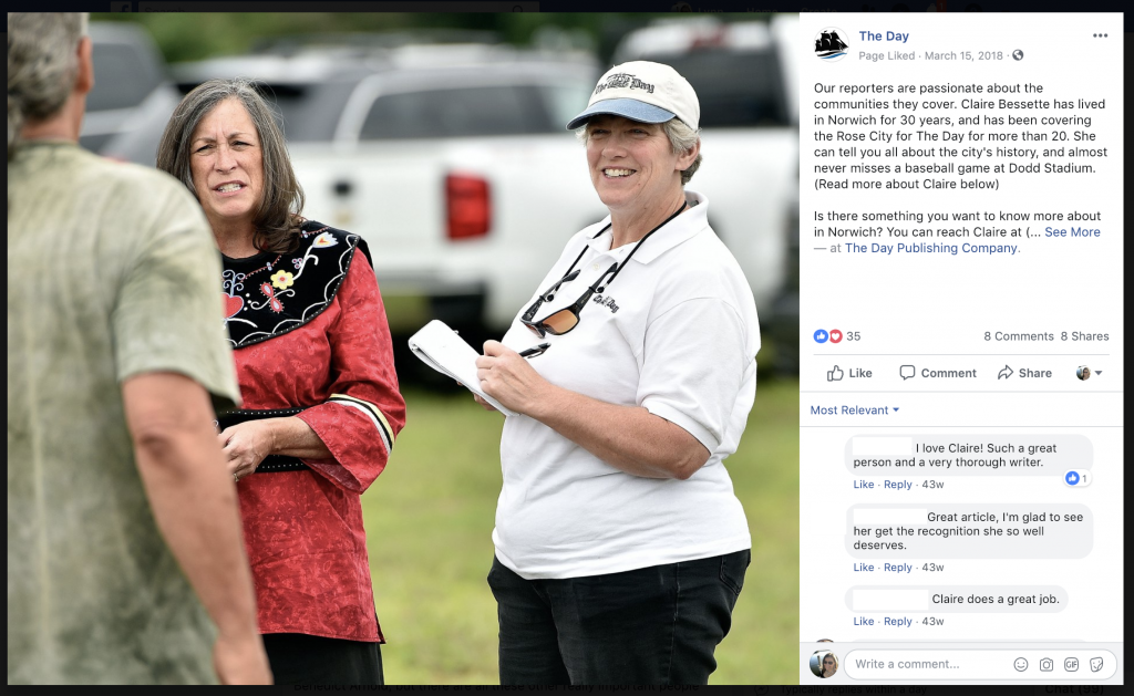 The Day took to Facebook to share candid photos of staffers, as well as explain their coverage areas and provide contact information for their newsroom and journalists. A post featuring a long-time community reporter was especially popular, sh