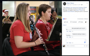 If your staffers are comfortable with it, take the time to show who they are outside of work. A photo of a Jefferson City News Tribune reporter playing in the community band generated positive responses. Posts like these remind readers that you are real people (not "the media") and that you're their neighbors. 