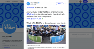 USA TODAY used Twitter to share how they are working to earn trust from users. While highlighting a timely stat about the spread of misinformation, the news organization included a link to a story they wrote about why earning user trust is important to them. 