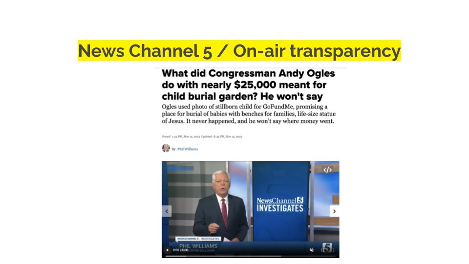 News Channel 5 / On-air transparency. What did congressman Andy Ogles do with nearly $25,000 meant for child burial garden? He won't say