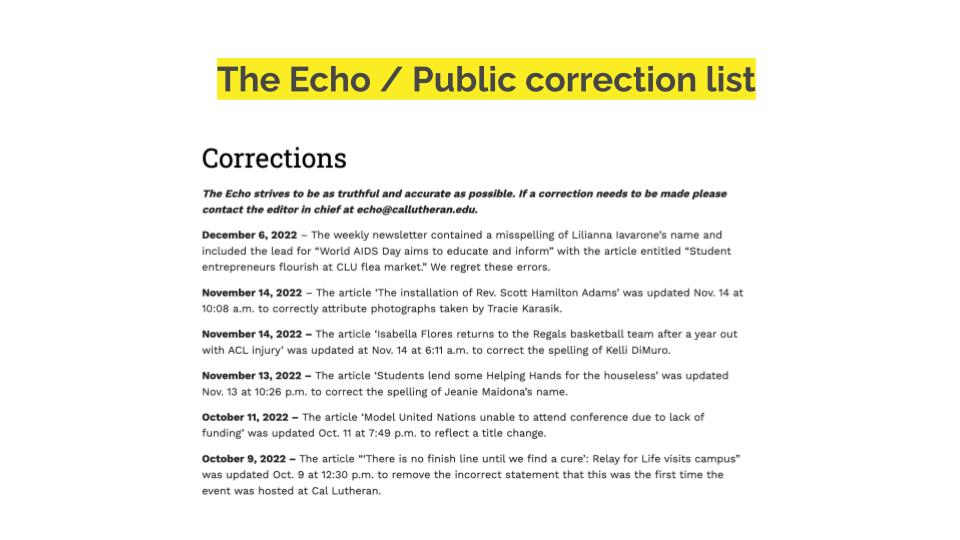 A publication of the Echo's public corrections list