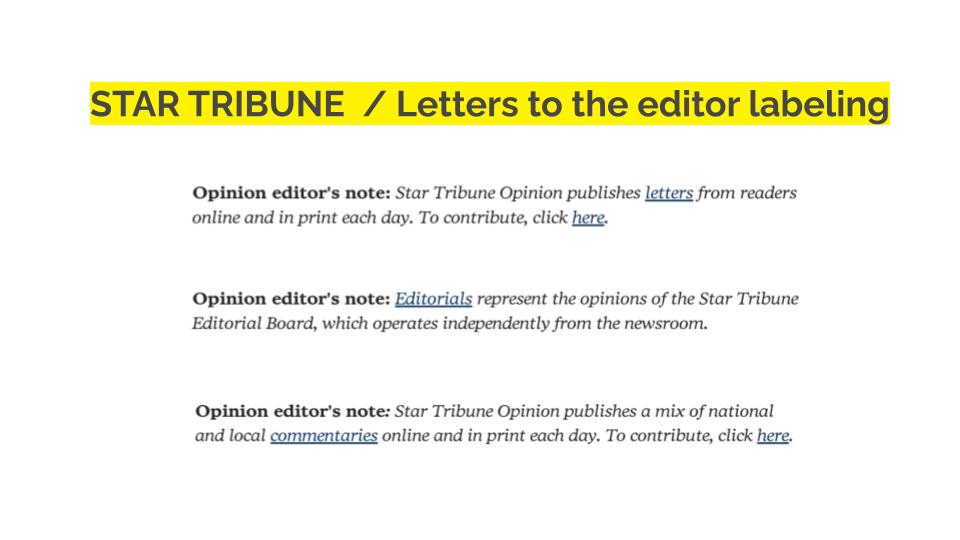 Screenshot of the Star Tribune's Letters tot he editor labeling policy.