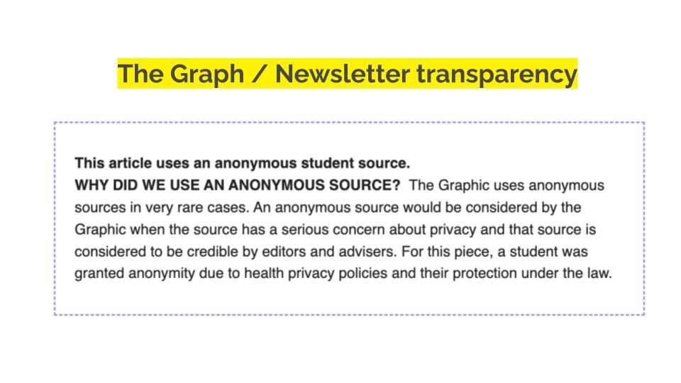 The Graph/Newsletter Transparency. This article uses an anonymous student source. WHY DID WE USE AN ANONYMOUS SOURCE? The Graphic uses anonymous sources in very rare cases. An anonymous source would be considered by the Graphic when the source has a serious concern about privacy and that source is considered to be credible by editors and advisers. For this piece, a student was granted anonymity due to health privacy policies and their protection under the law.