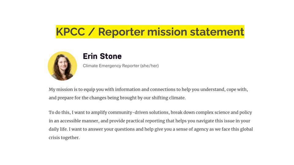 A screenshot of KPCC's Erin Stone's reporter mission statement