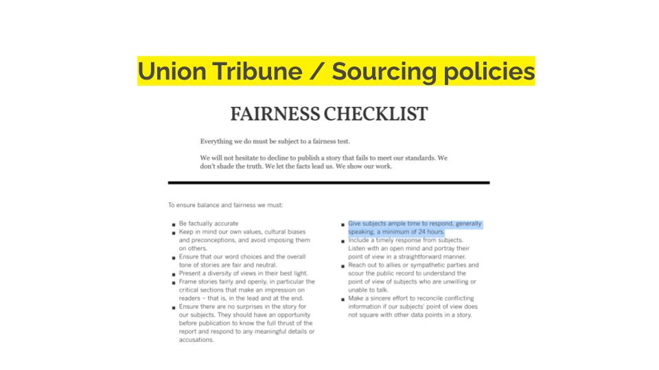 A screenshot of the Union Tribune's sourcing policies