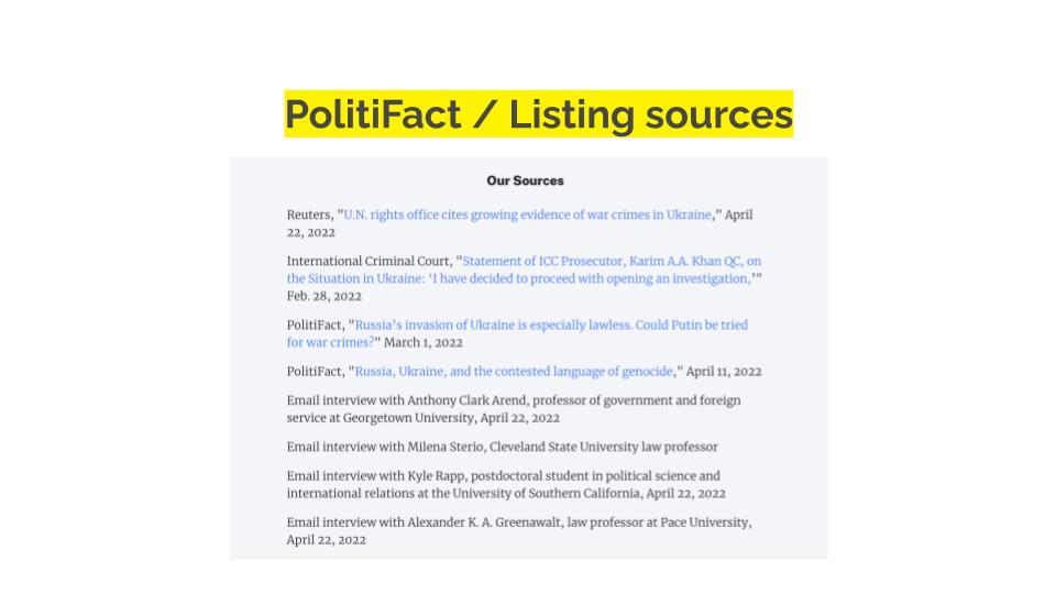 A screenshot of how PolitiFact lists sources at the end of each fact check