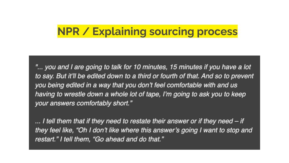 A screenshot of how NPR reporter Audie Cornish explains sourcing process