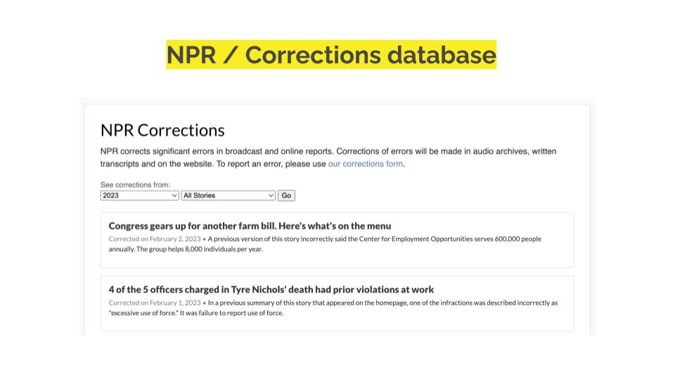 A screenshot of NPR's corrections database