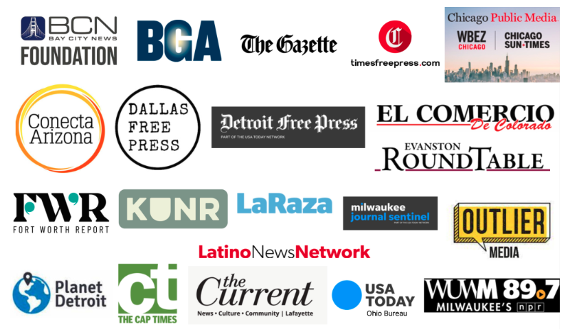 The logos of 20 local news outlets that participated in the Advancing Democracy cohort in 2023.