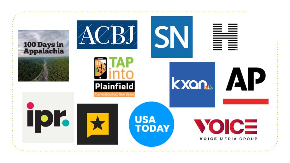 Logos of newsrooms participating in Trusting News/ONA AI cohort