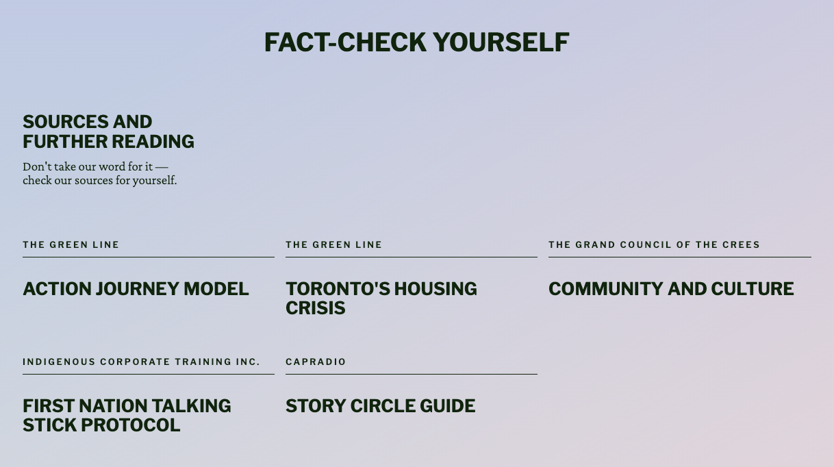 The Green Line includes sections like this under its stories: Fact-check yourself. Don't take our world for it — check out our sources for yourself.